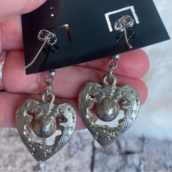 Silver Heart Shaped Dangle Earrings with Purple Gold Rhinestone Accents - Picture 3 of 5
